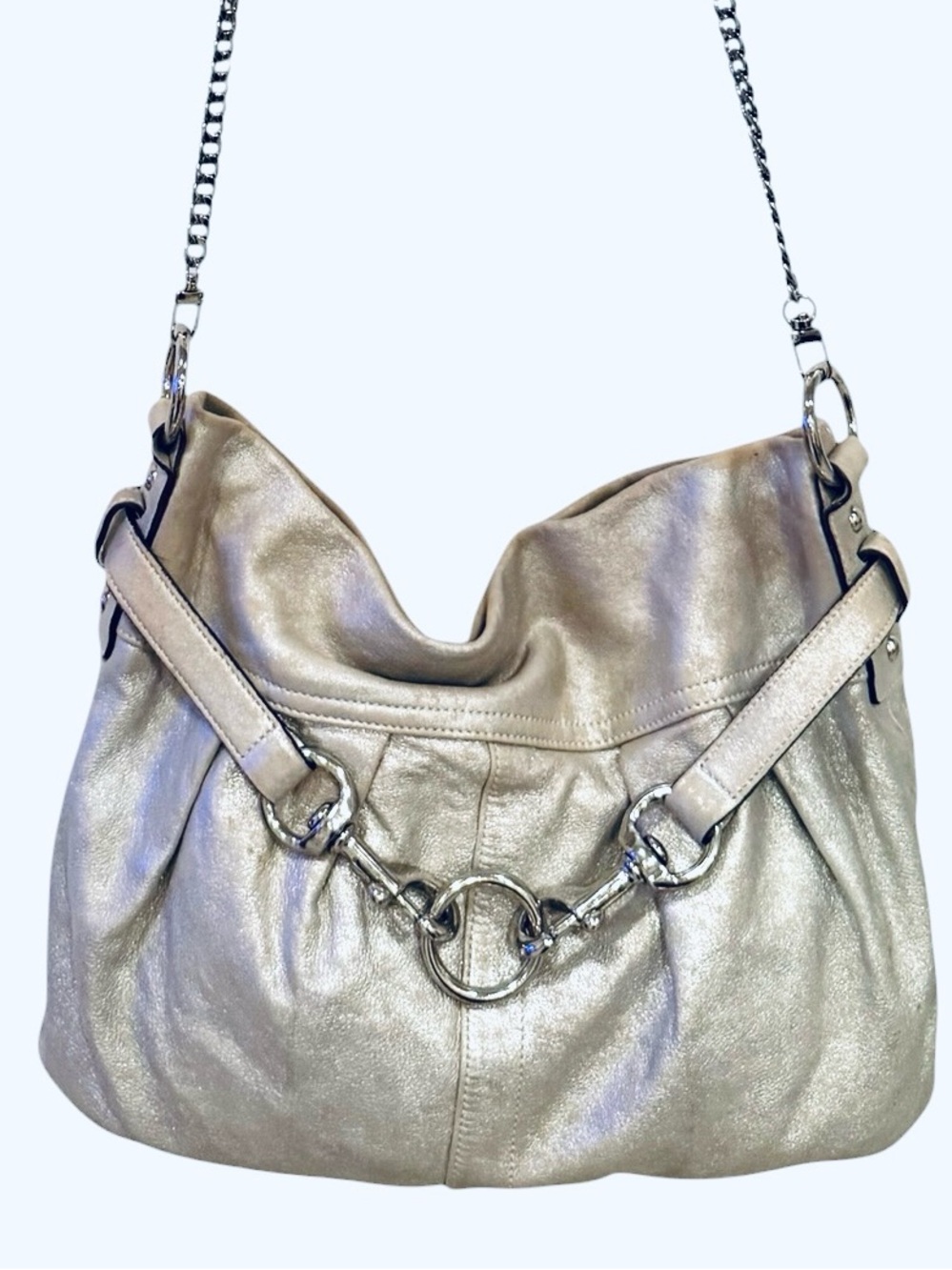 Coach Vintage Metallic Champagne Leather X-body Bag w/chunky Chain Accents